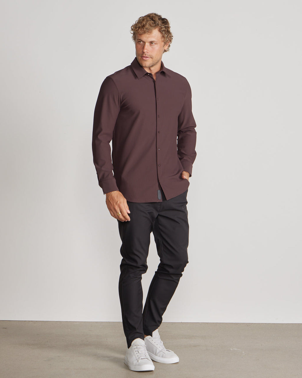 Ribbed+ Long Sleeve Button Down