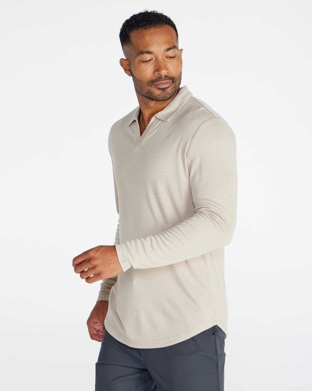 Ribbed Long Sleeve Open V Polo