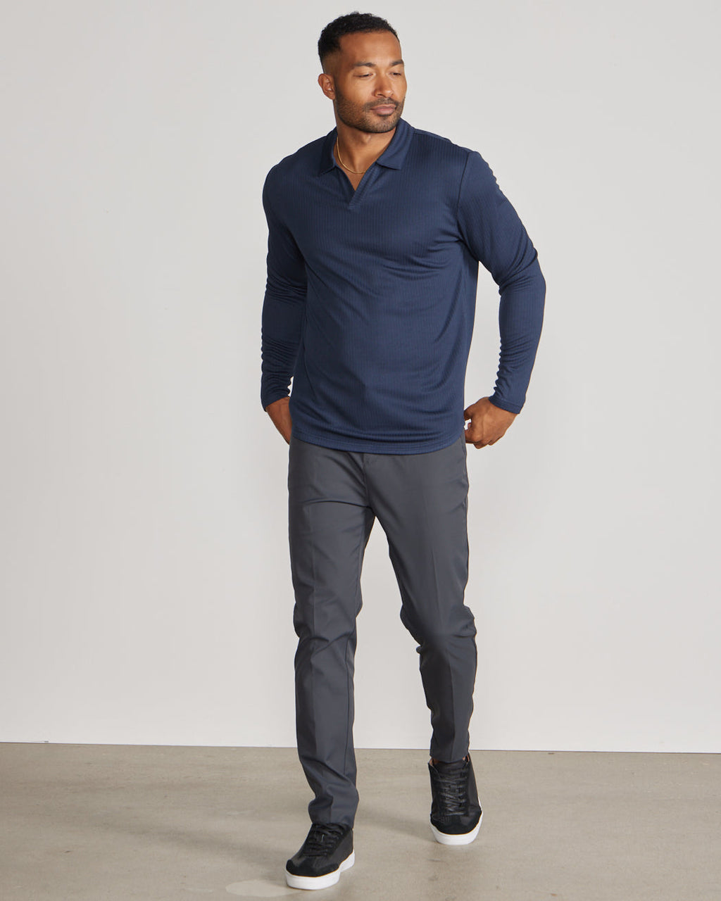 Ribbed Long Sleeve Open V Polo