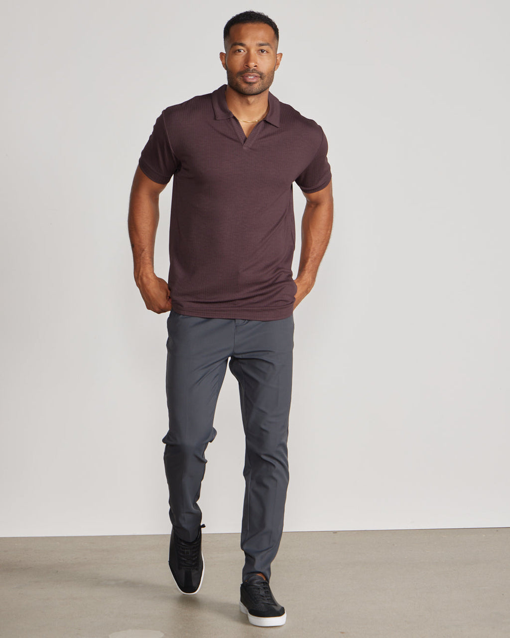 Ribbed Short Sleeve Open V Polo