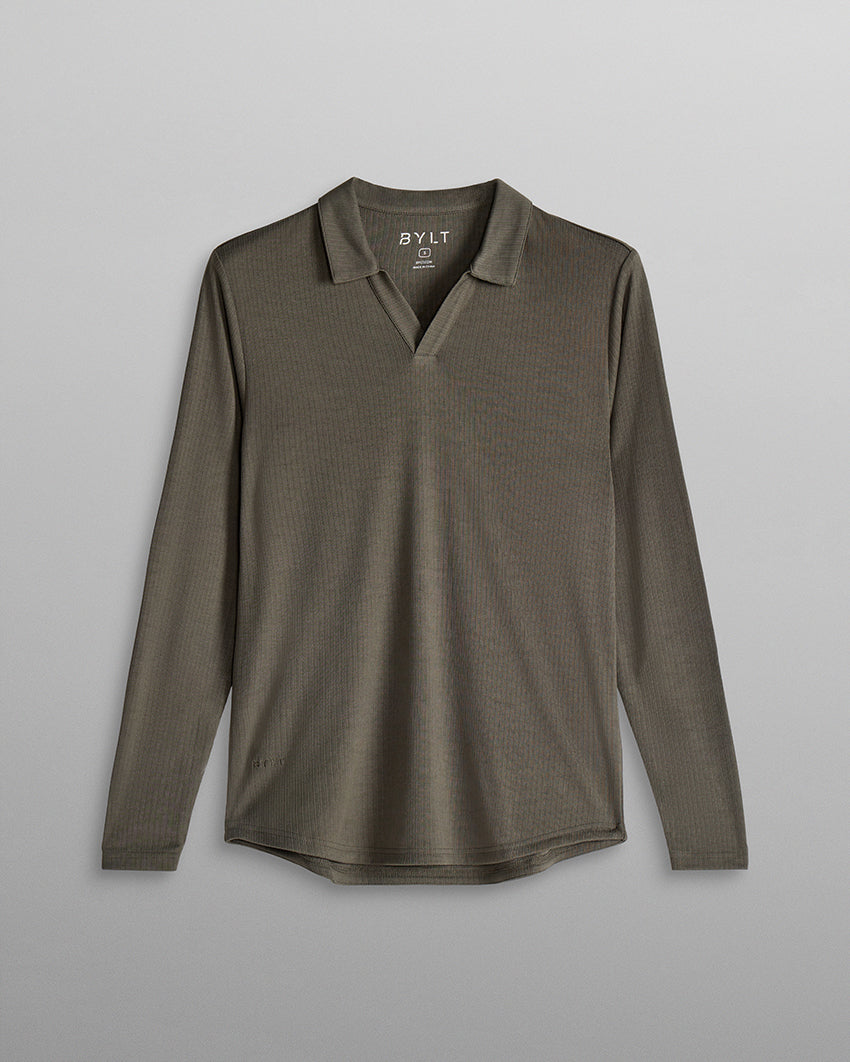 Ribbed Long Sleeve Open V Polo