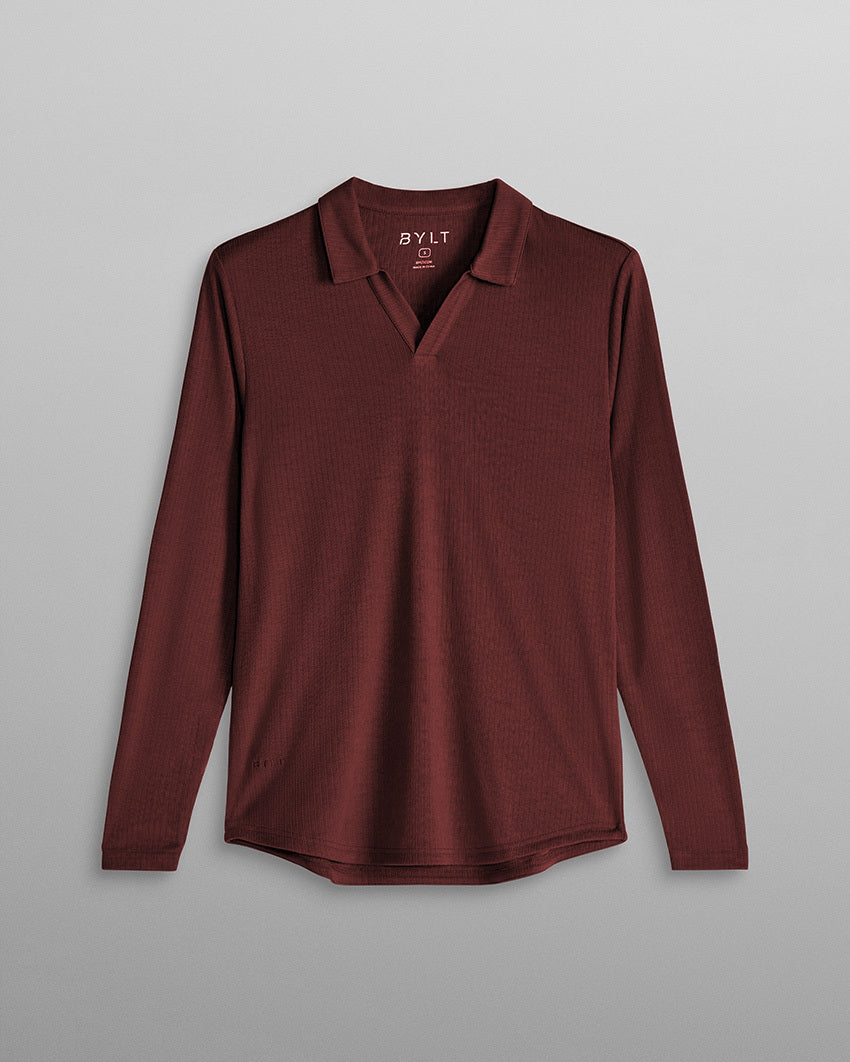 Ribbed Long Sleeve Open V Polo