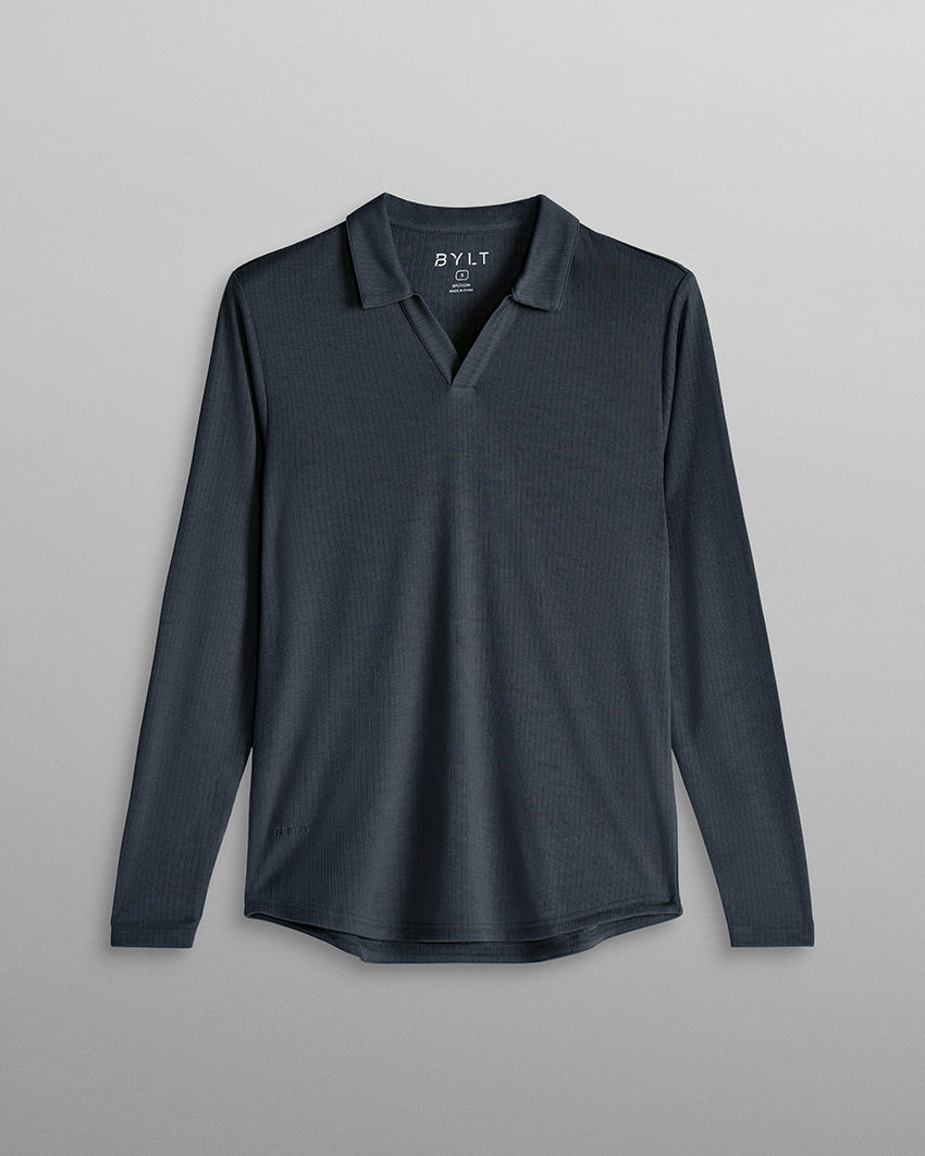 Ribbed Long Sleeve Open V Polo