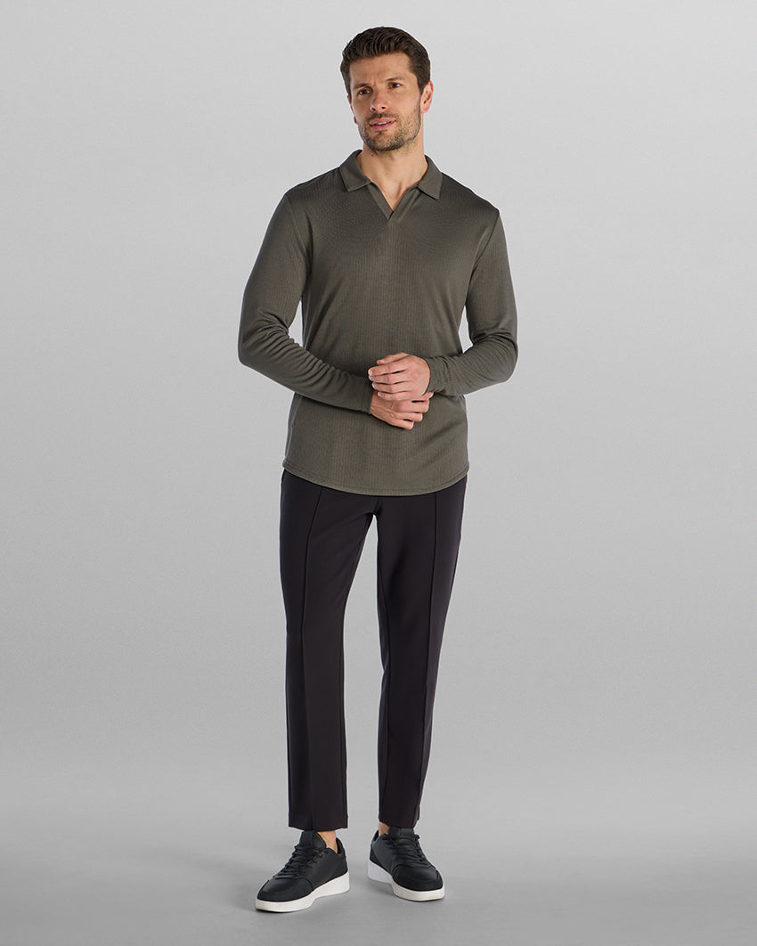 Ribbed Long Sleeve Open V Polo