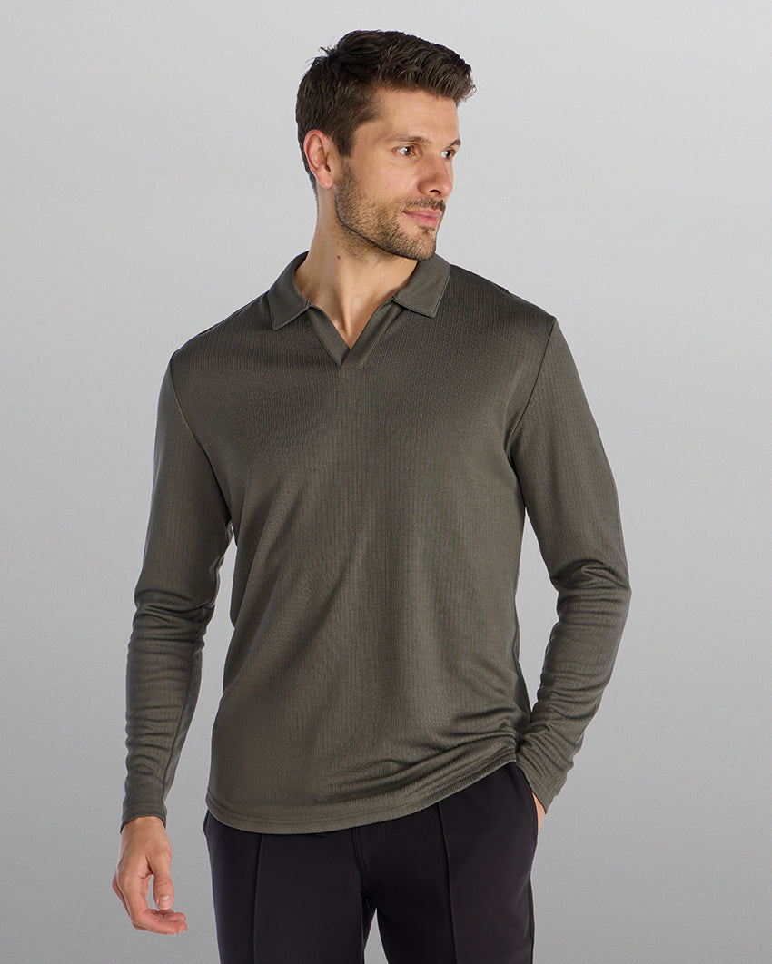 Ribbed Long Sleeve Open V Polo