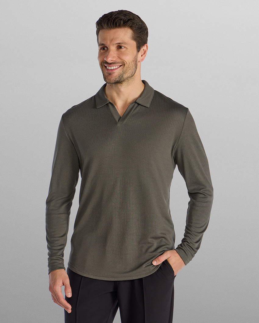Ribbed Long Sleeve Open V Polo