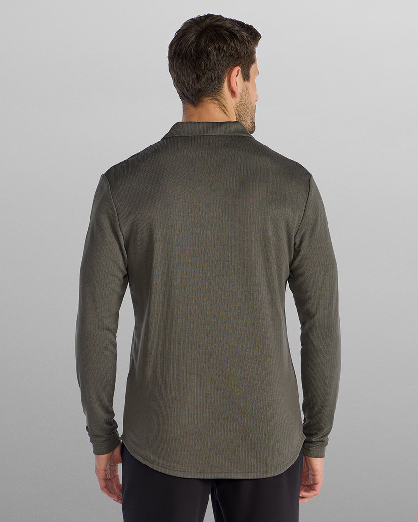 Ribbed Long Sleeve Open V Polo