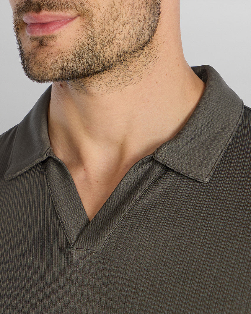 Ribbed Long Sleeve Open V Polo
