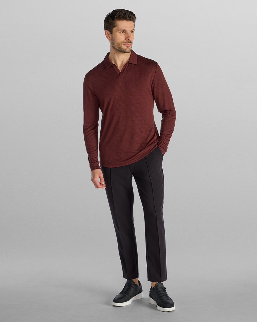 Ribbed Long Sleeve Open V Polo