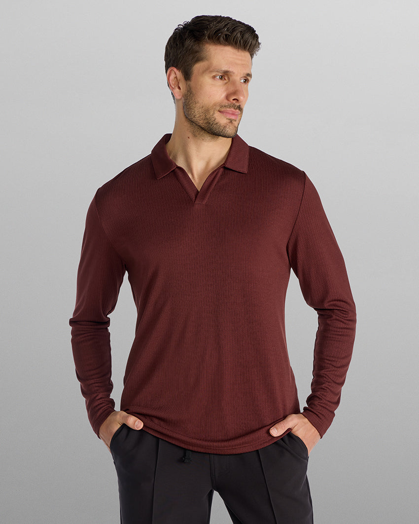 Ribbed Long Sleeve Open V Polo