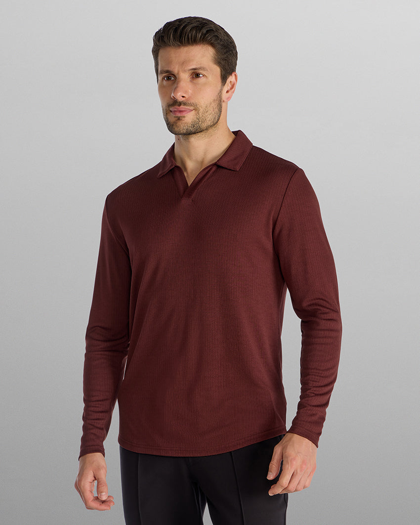 Ribbed Long Sleeve Open V Polo