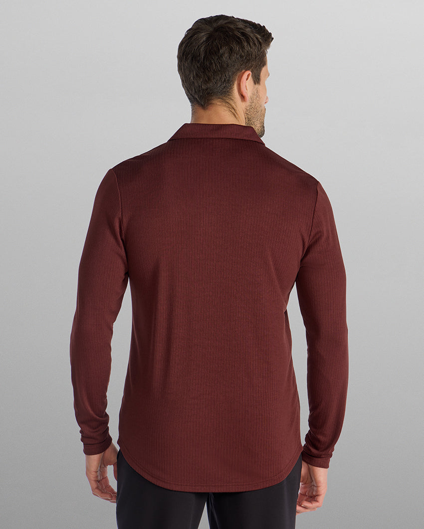 Ribbed Long Sleeve Open V Polo