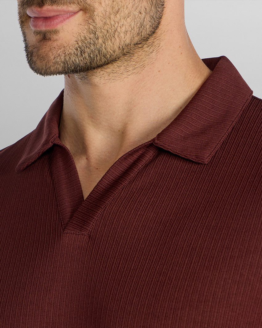 Ribbed Long Sleeve Open V Polo
