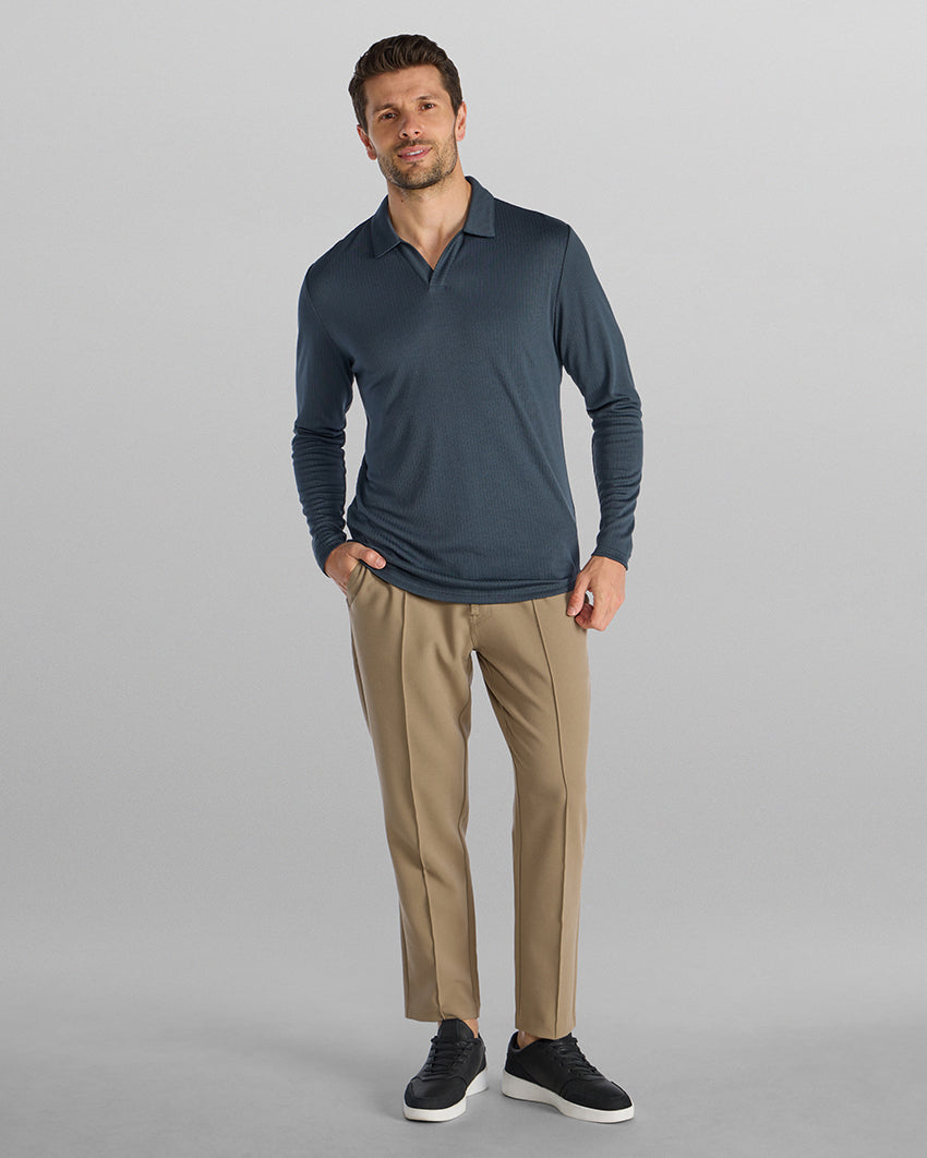 Ribbed Long Sleeve Open V Polo