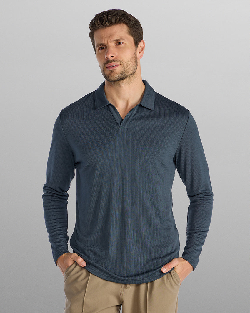 Ribbed Long Sleeve Open V Polo