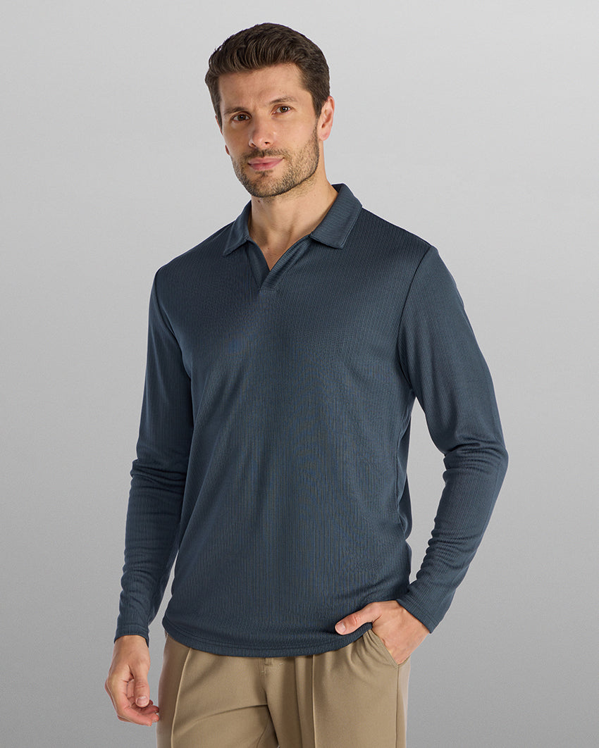Ribbed Long Sleeve Open V Polo