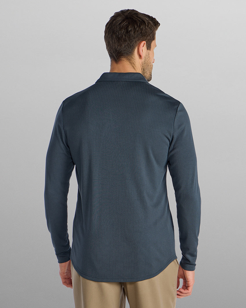 Ribbed Long Sleeve Open V Polo