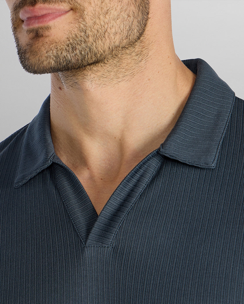 Ribbed Long Sleeve Open V Polo