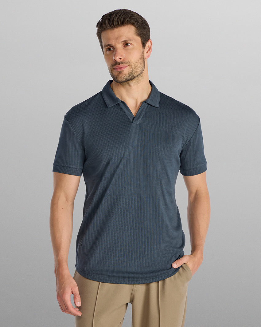Ribbed Short Sleeve Open V Polo