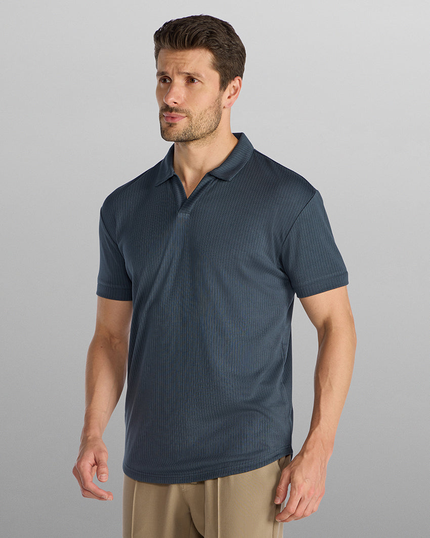 Ribbed Short Sleeve Open V Polo